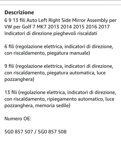 SPECCHIETTO RETROVISORE ORIGINALE USATO VOLKSWAGEN GOLF 7 2012-2019